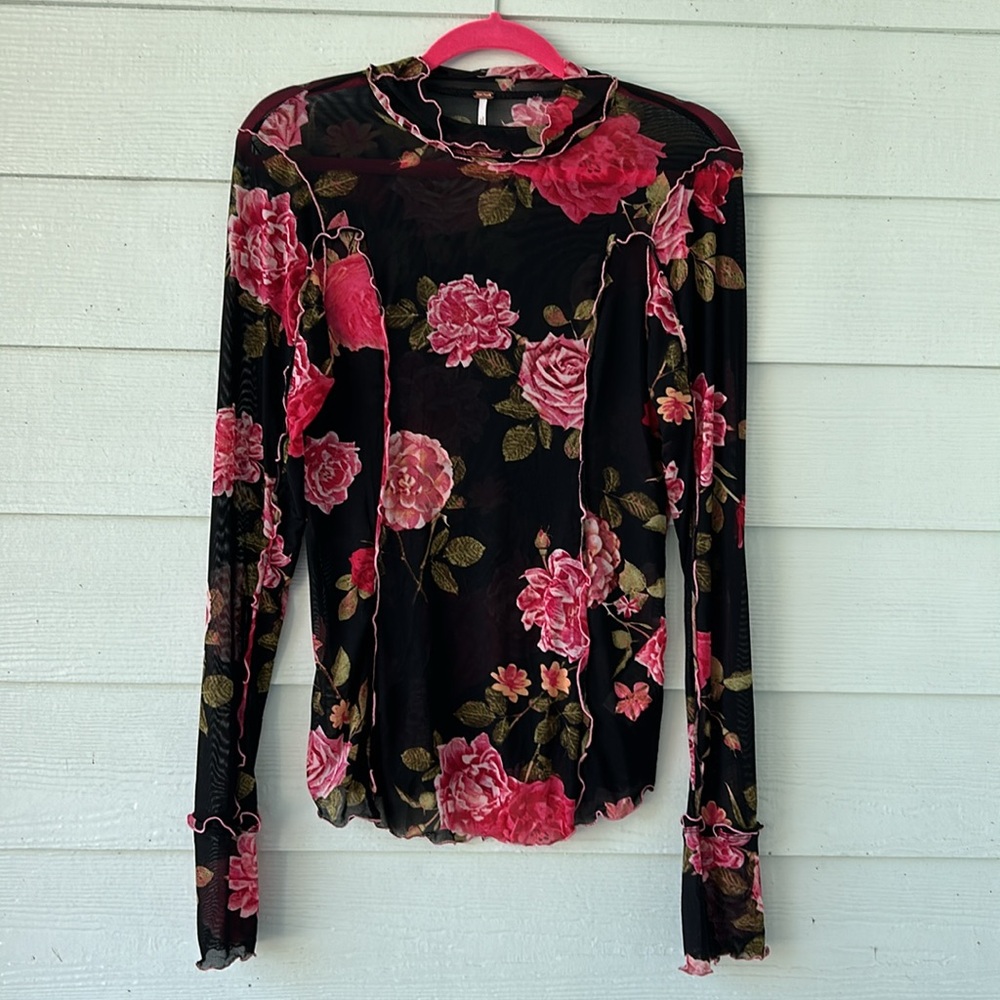 Free People Charlie Rose Print Mesh Mock Neck Top